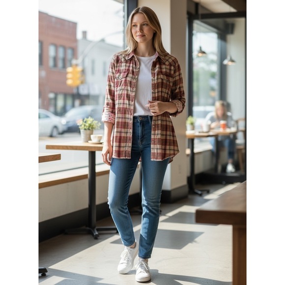 Rue21 Tops - Rue21 Womens XL Red Tan Plaid‎ Western Snap Front Frayed Hem Cotton Shirt